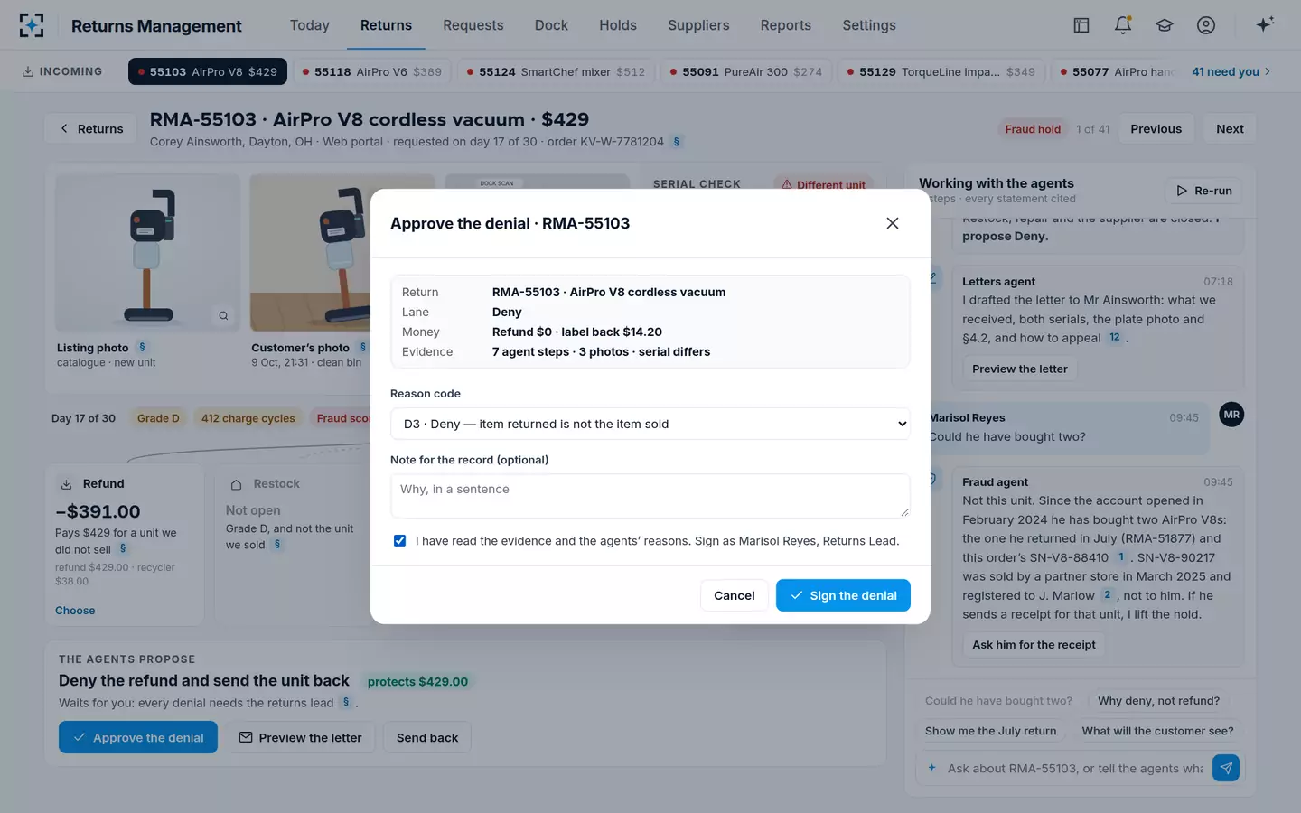 Returns Management — Approve with a reason code