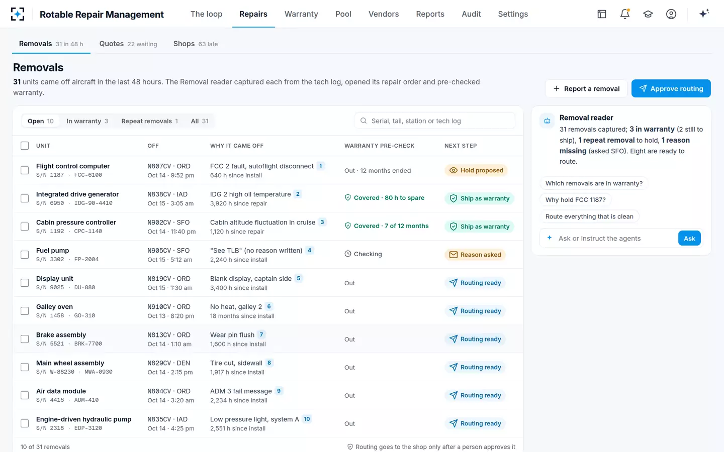 Rotable Repair Management — Removals