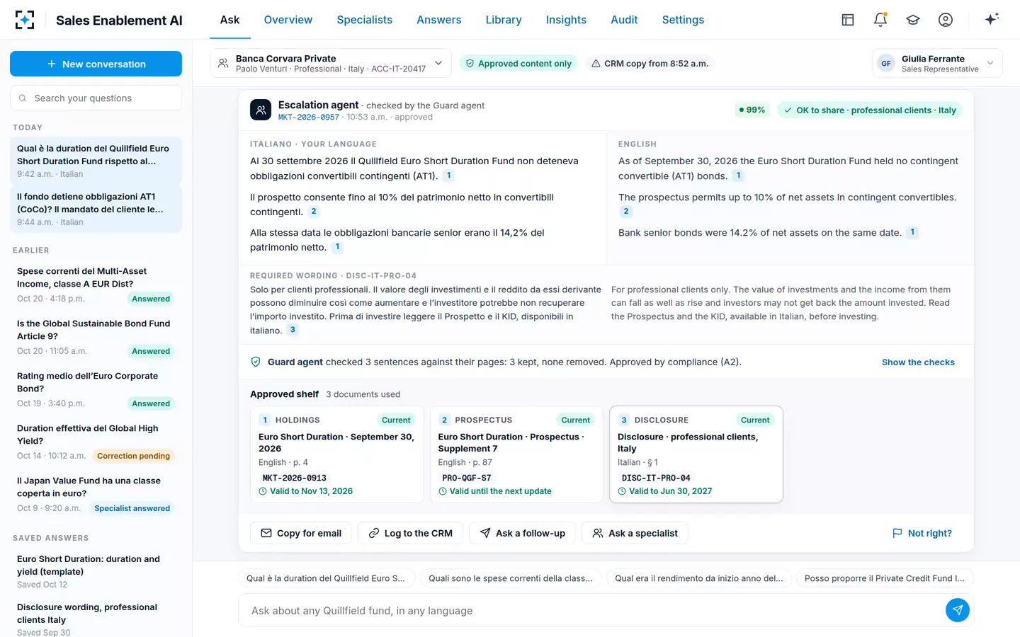 Sales Enablement AI — The approved answer, in Italian