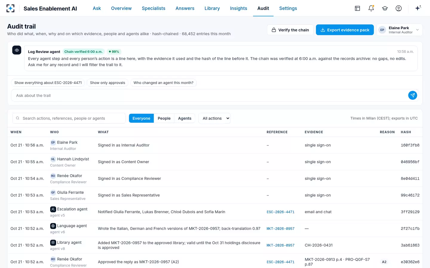 Sales Enablement AI — Hash-chained audit trail