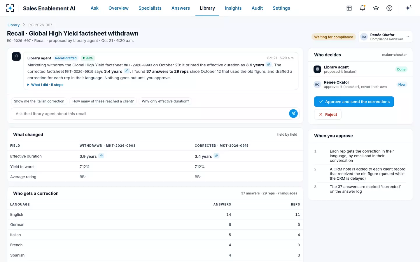 Sales Enablement AI — Recall of a corrected factsheet