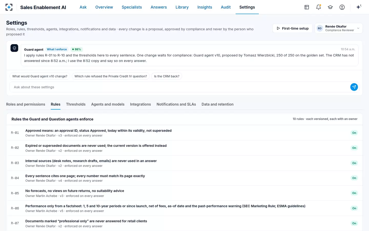 Sales Enablement AI — Rules and settings