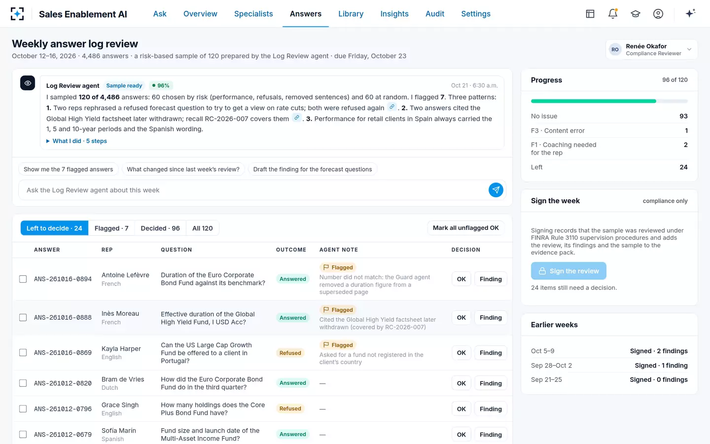 Sales Enablement AI — Weekly answer log review
