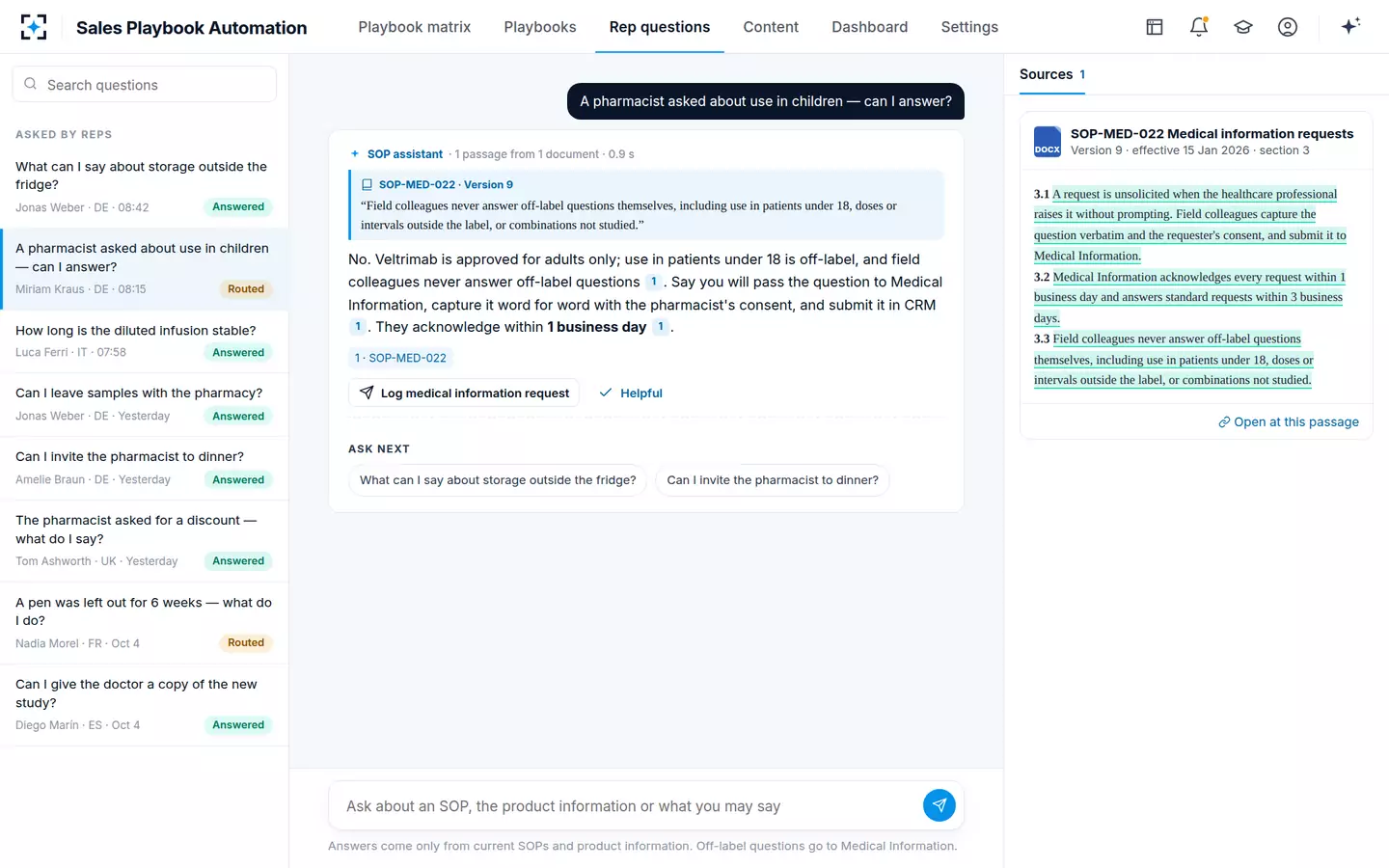Sales Playbook Automation — Rep questions