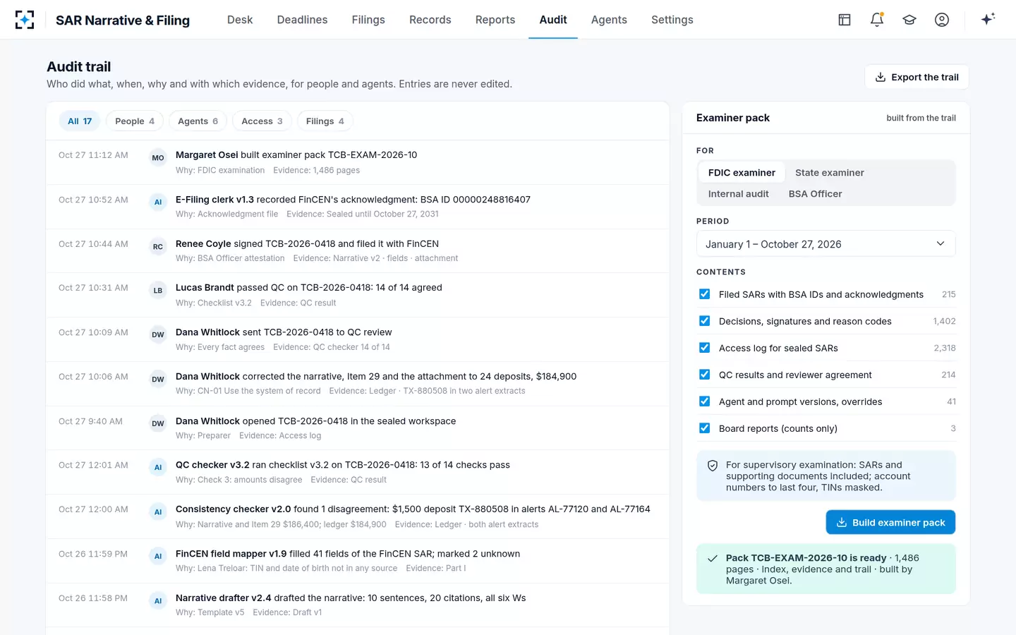 SAR Narrative & Filing — Audit trail and examiner pack