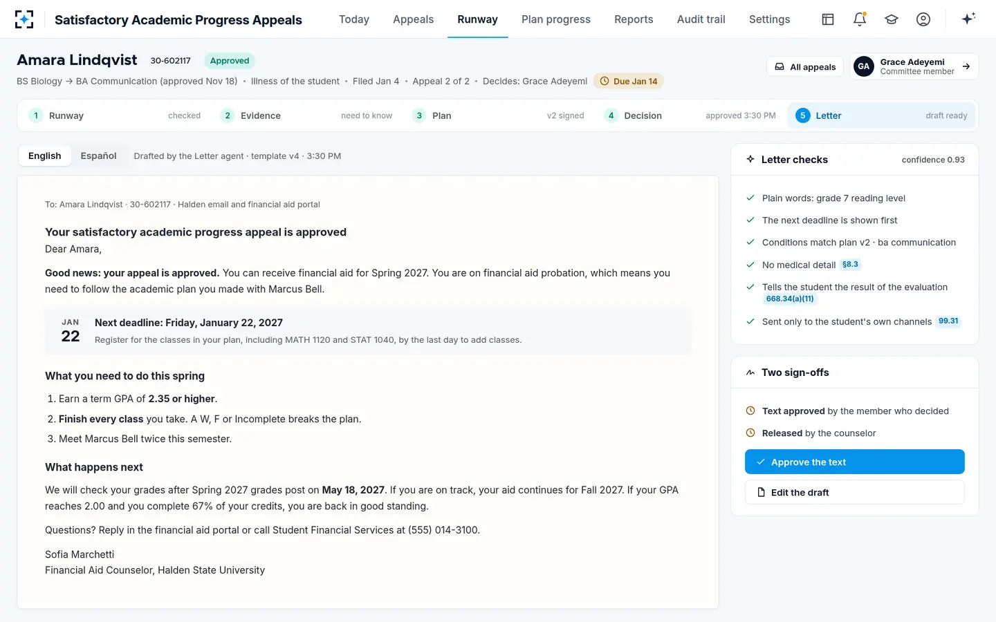 Satisfactory Academic Progress Appeals — The SAP appeal letter in plain words, with the next deadline first