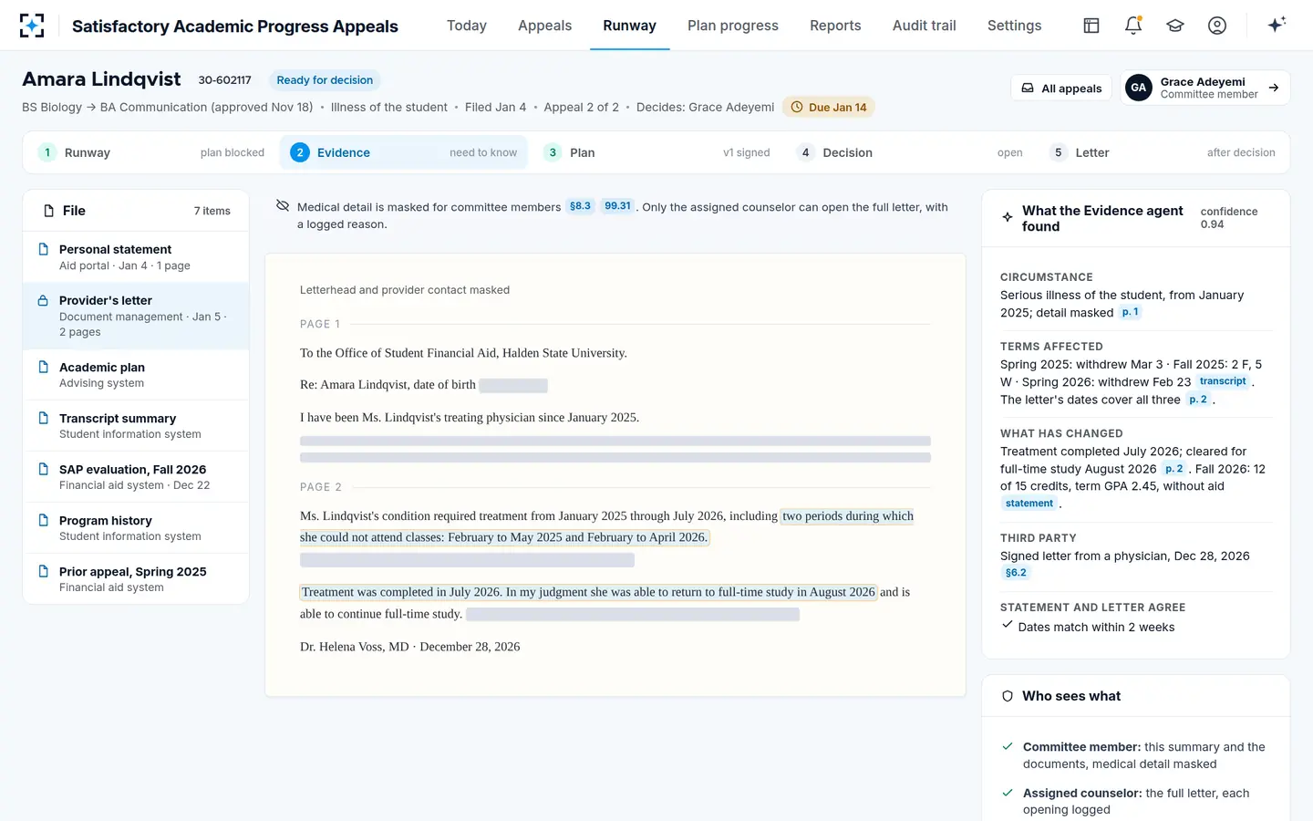 Satisfactory Academic Progress Appeals — Supporting documents on a need-to-know basis, with medical detail masked