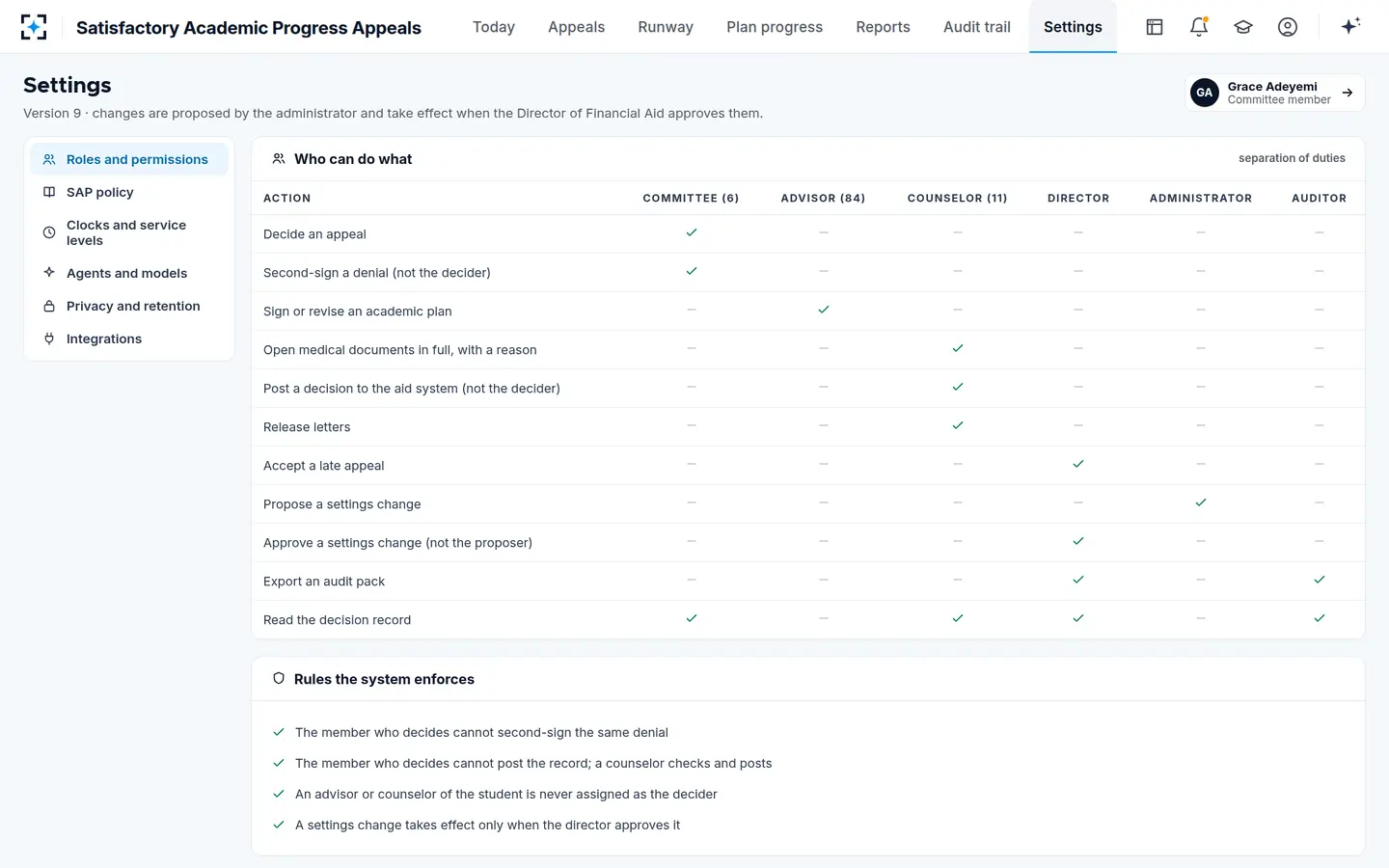 Satisfactory Academic Progress Appeals — Settings: roles, permissions and the separation-of-duties rules the system enforces