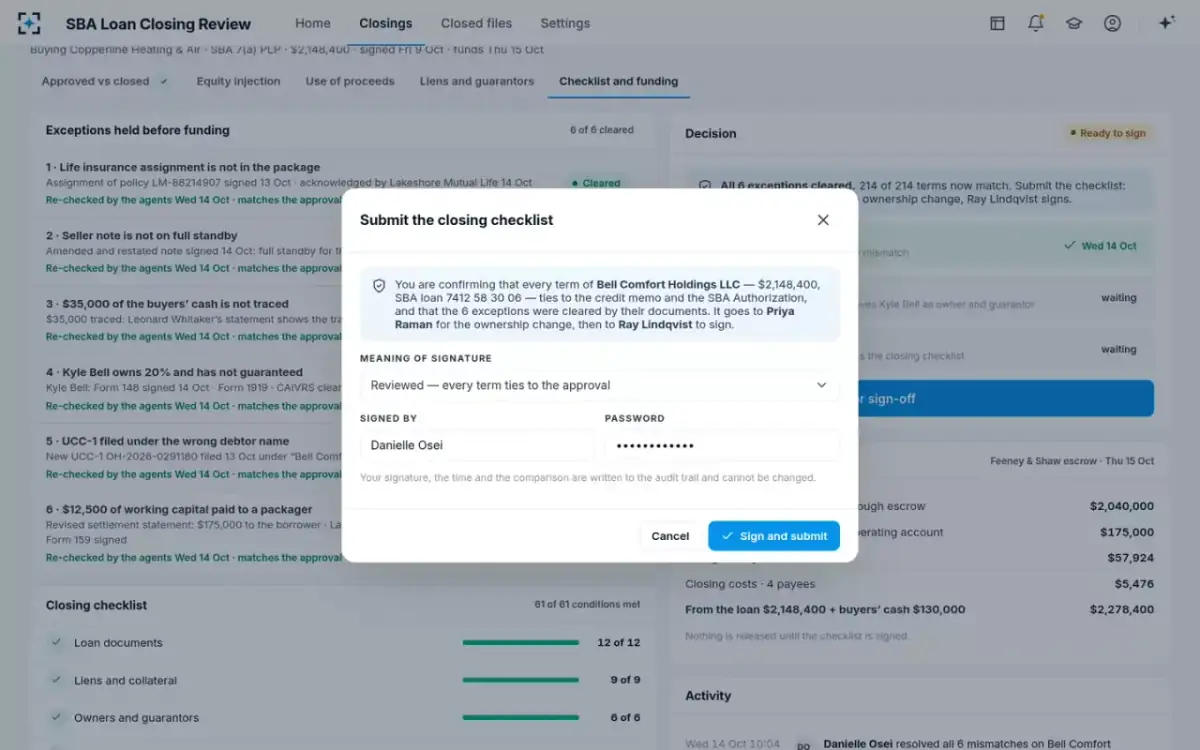 SBA Loan Closing Review — Signing the checklist