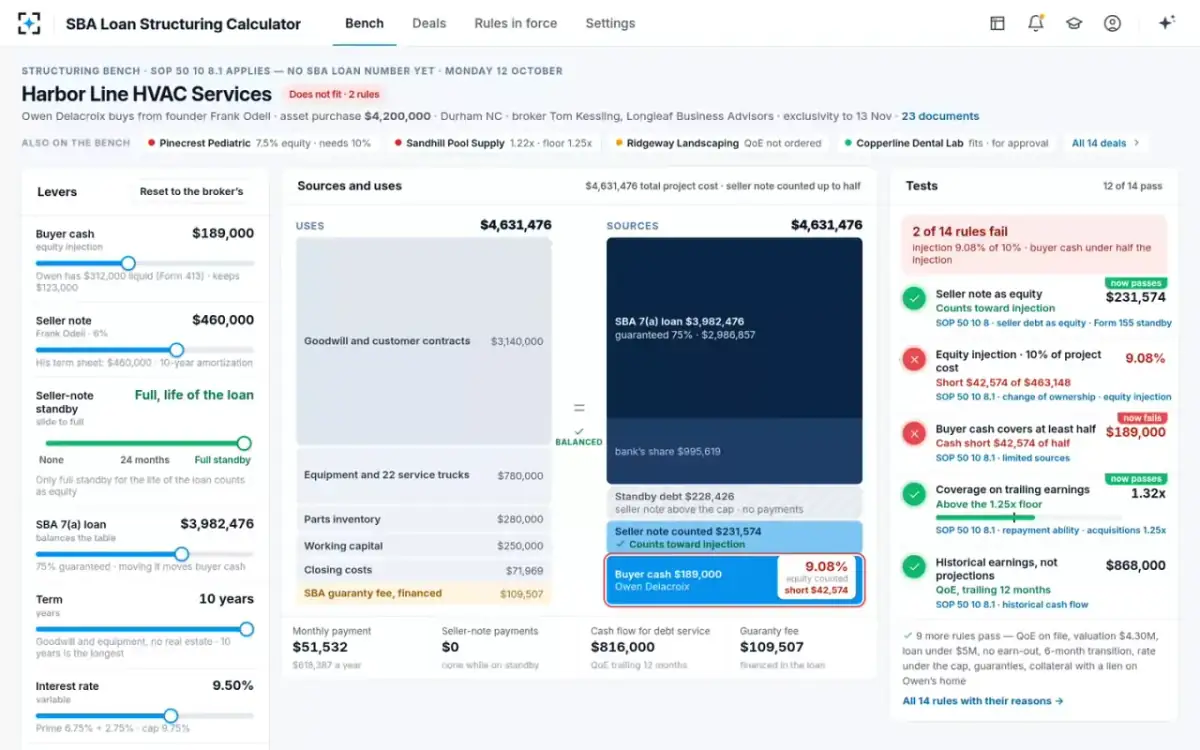 SBA Loan Structuring Calculator — Seller note to full standby
