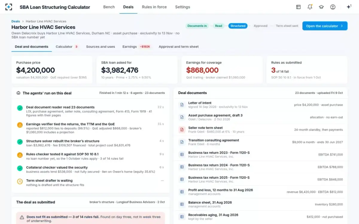 SBA Loan Structuring Calculator — Deal and documents