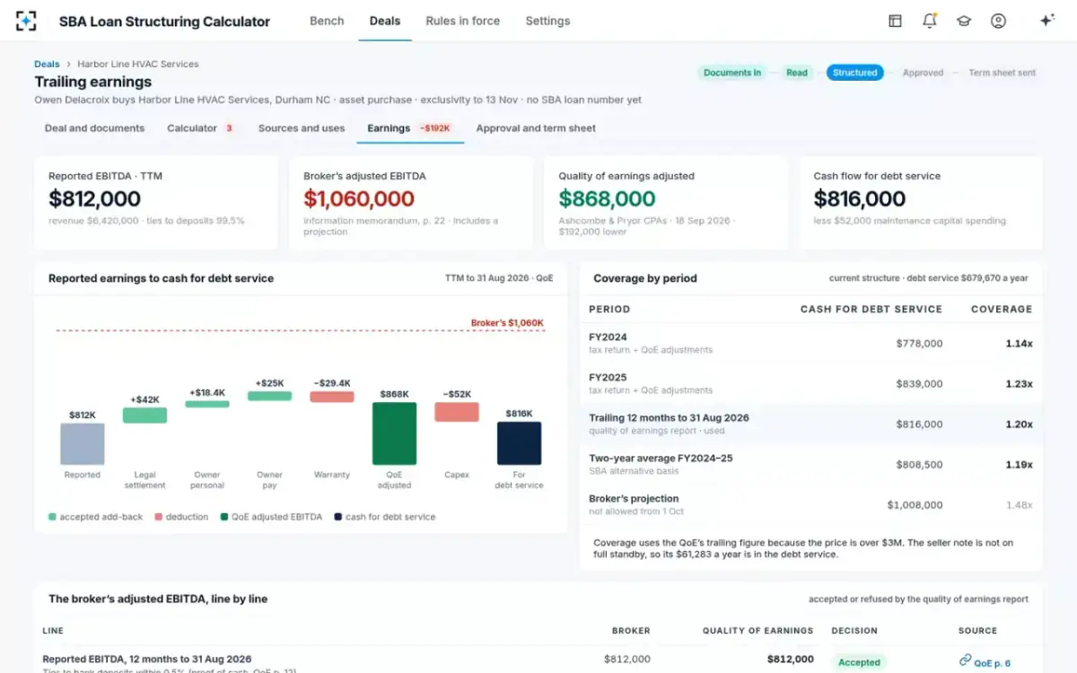 SBA Loan Structuring Calculator — Trailing earnings
