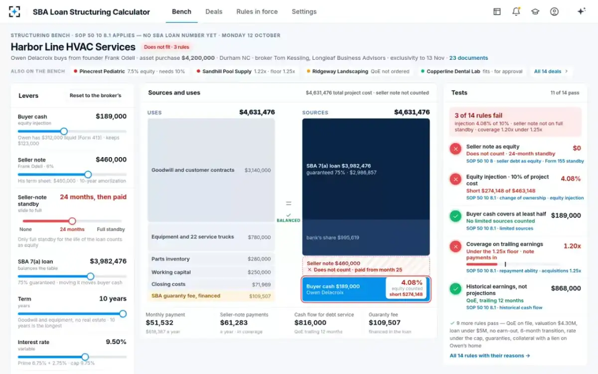 SBA Loan Structuring Calculator — The structuring bench