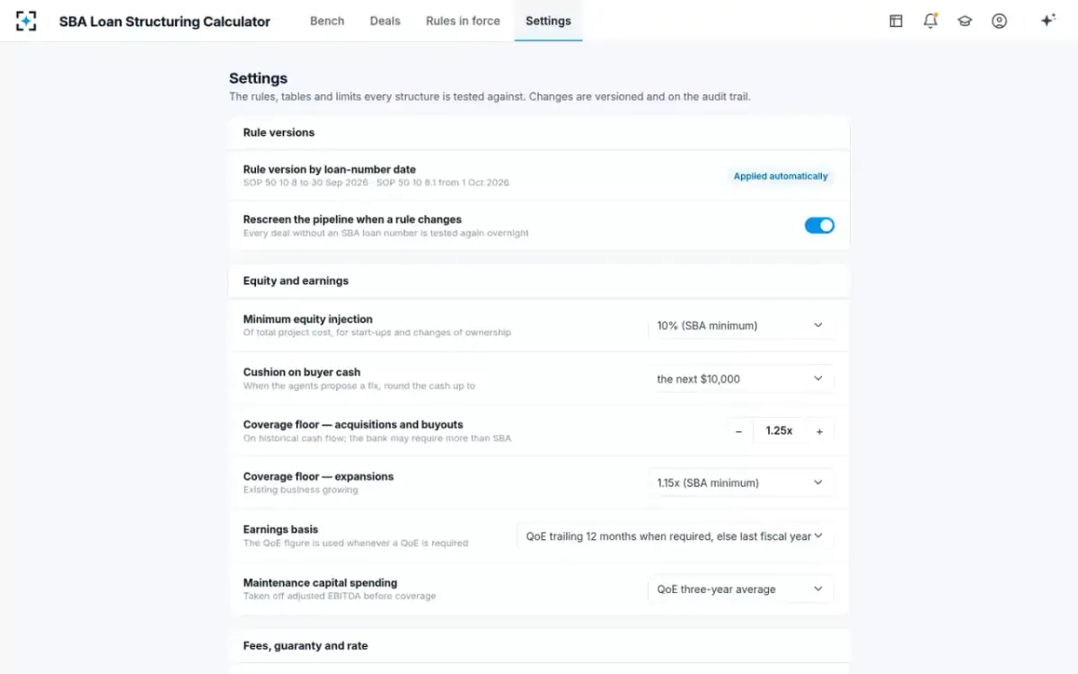 SBA Loan Structuring Calculator — Your bank’s rules