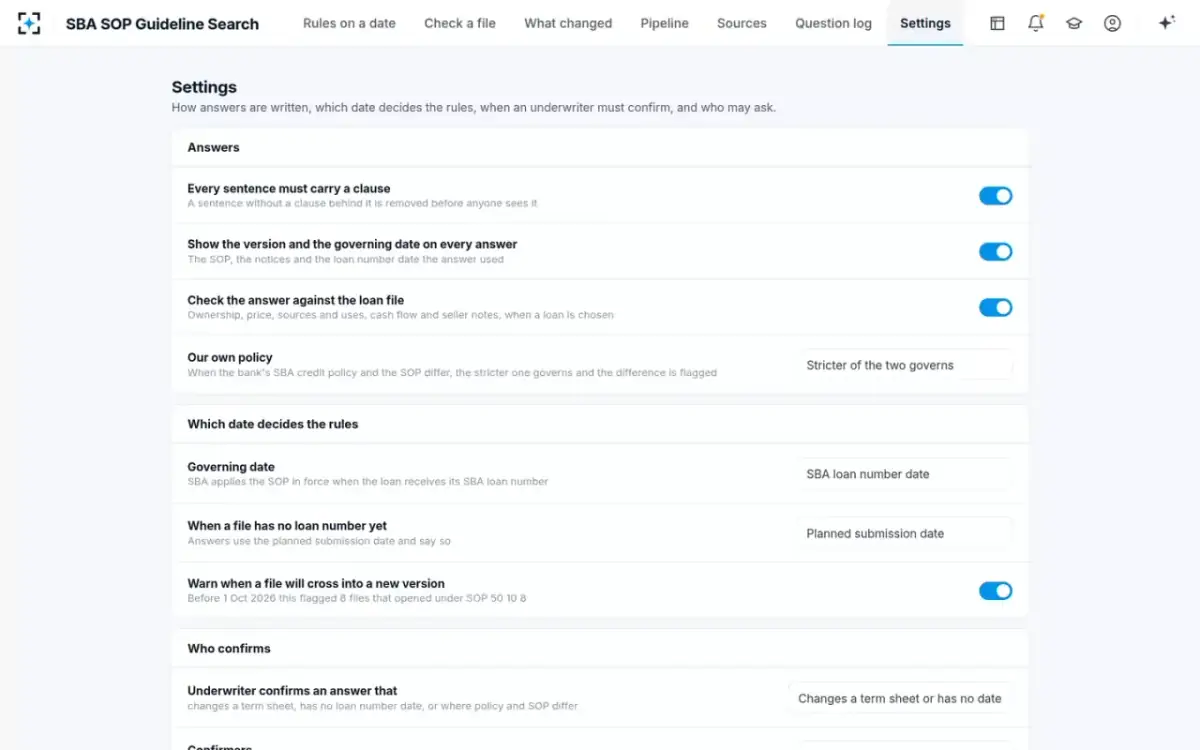 SBA SOP Guideline Search — Settings
