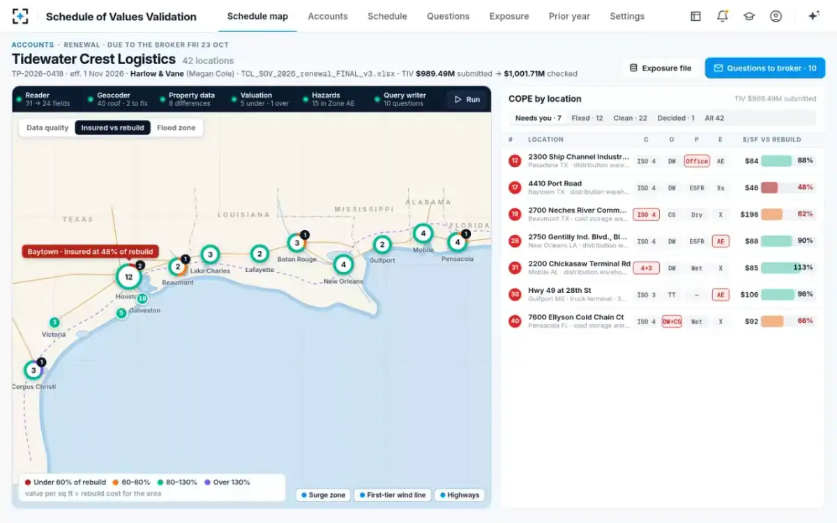 Schedule of Values Validation — Insured vs rebuild