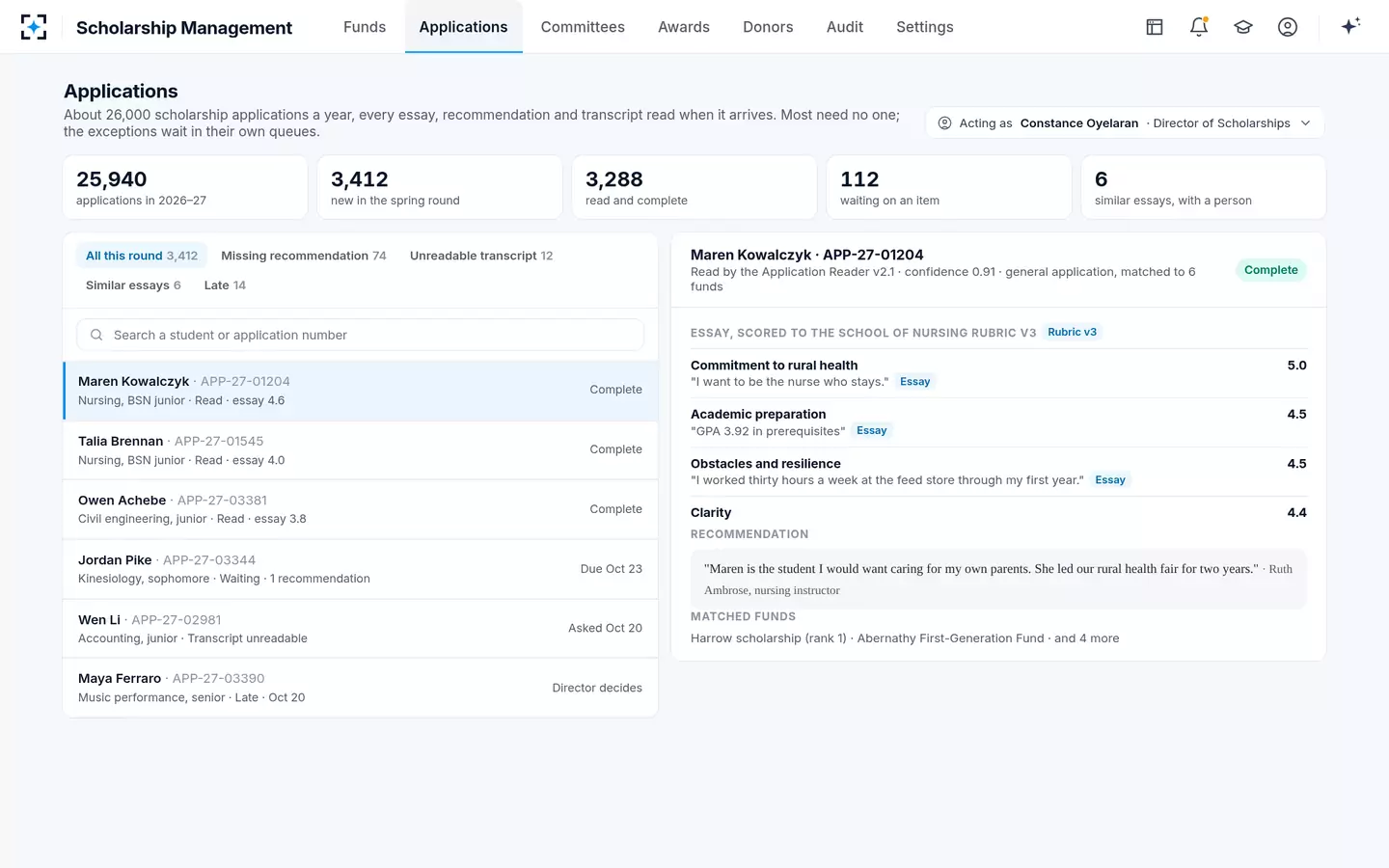 Scholarship Management — Applications read when they arrive