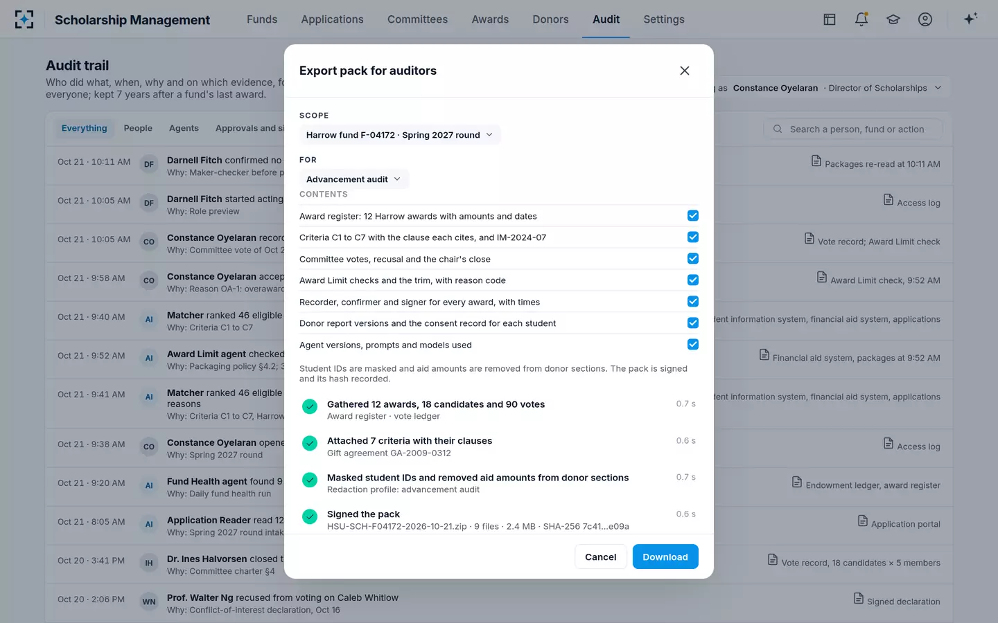 Scholarship Management — An audit pack in one step