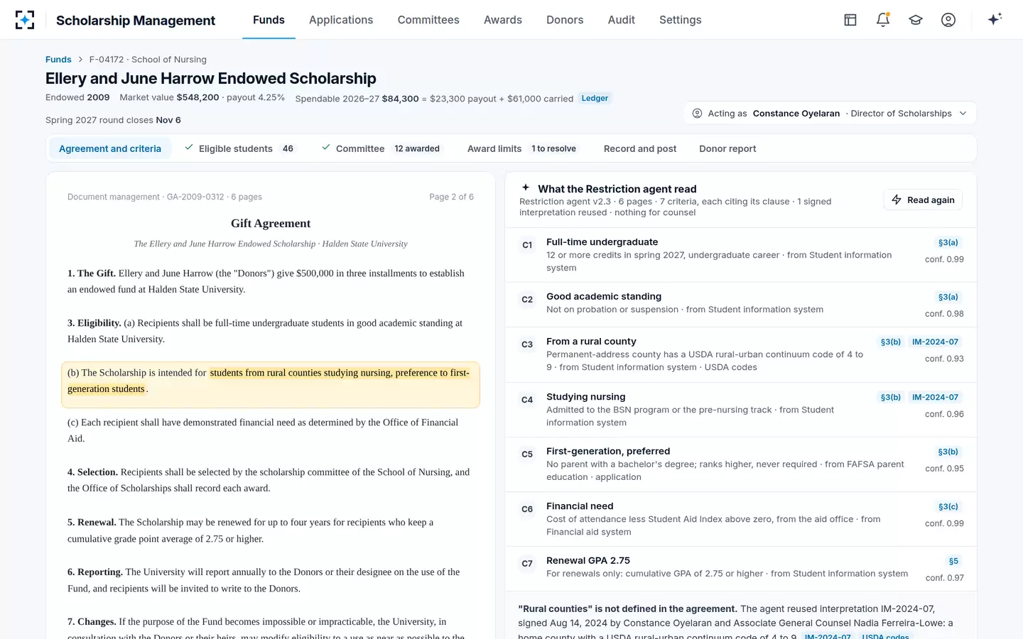 Scholarship Management — The gift agreement becomes the rule