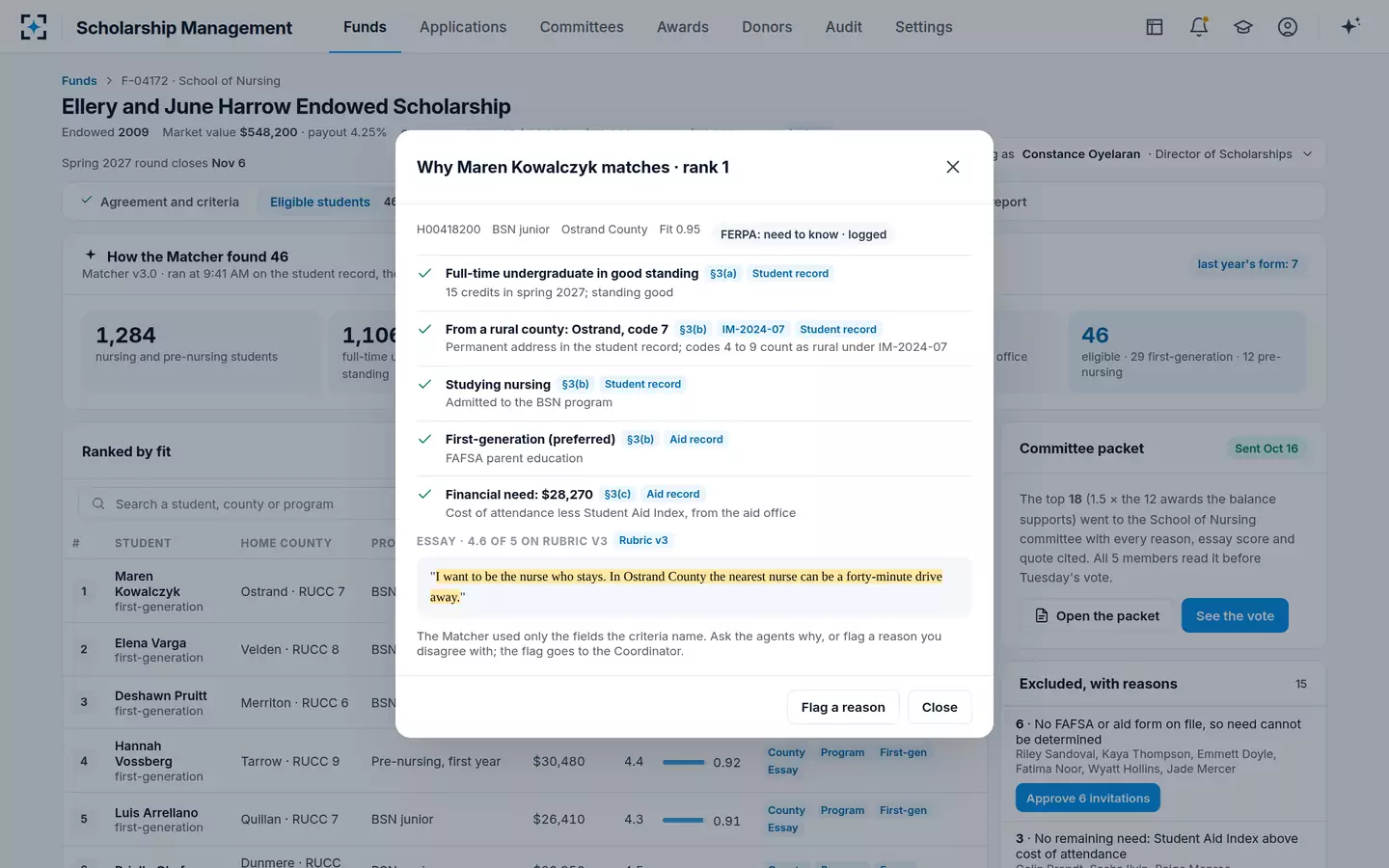 Scholarship Management — Every match reason, cited