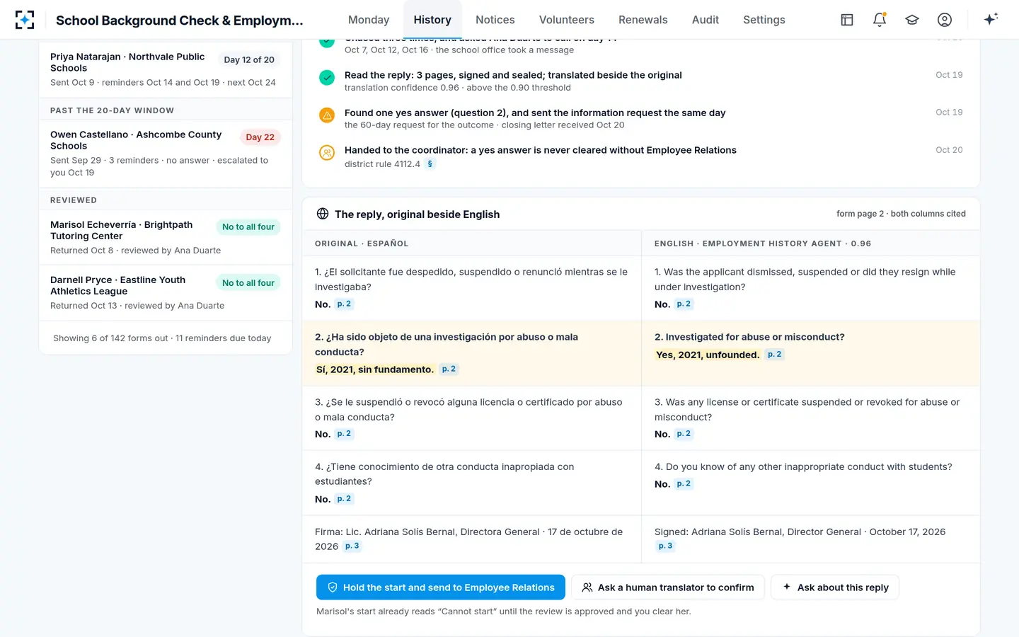 School Background Check & Employment History Review — The employment history review form, original beside English
