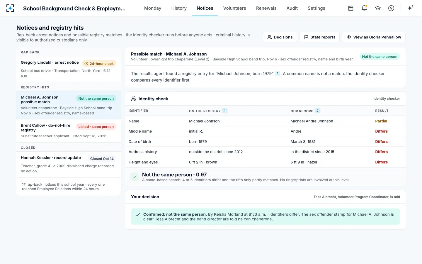 School Background Check & Employment History Review — A school volunteer background check hit, cleared as a different person