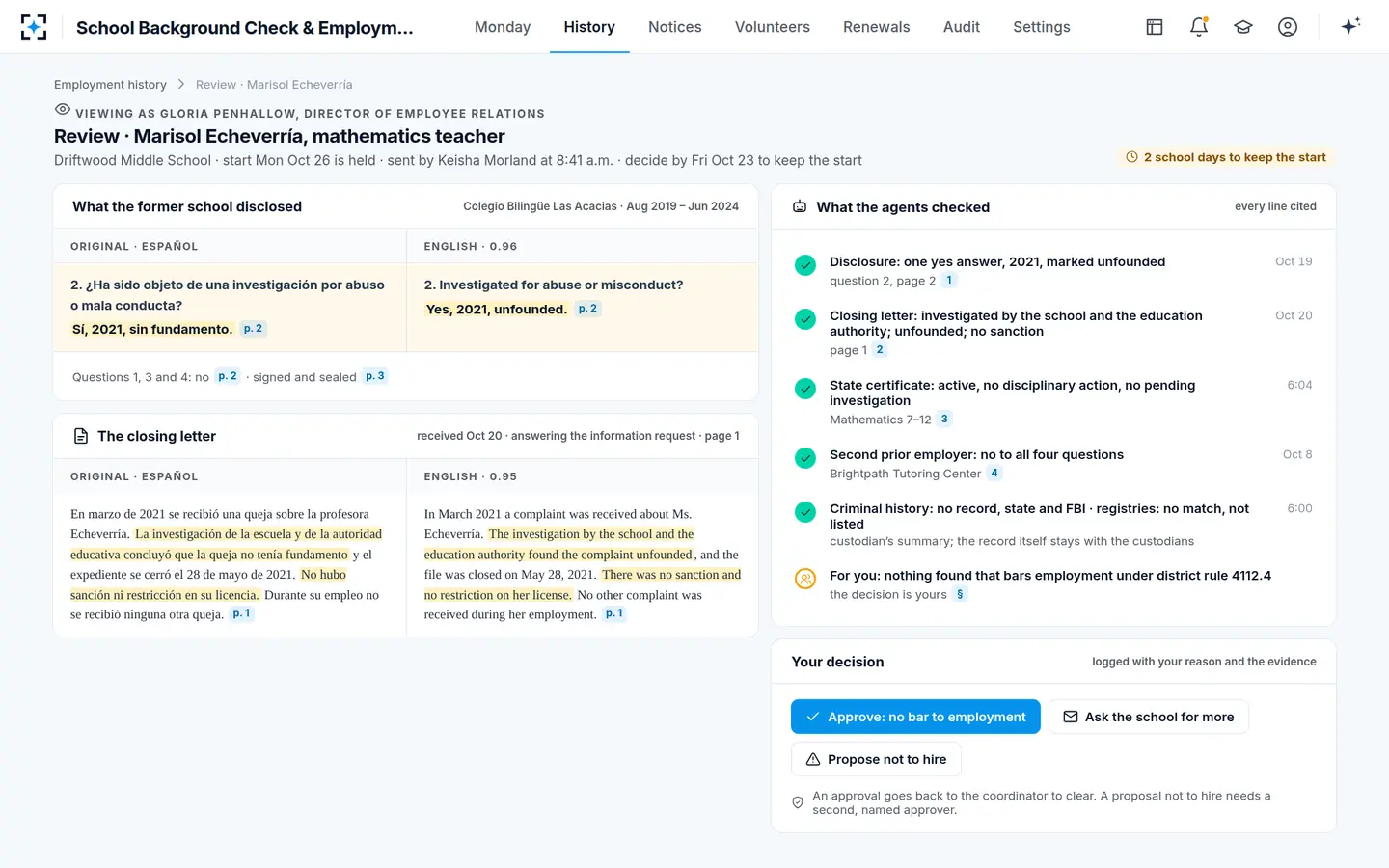 School Background Check & Employment History Review — Employee Relations decides a yes answer on the evidence