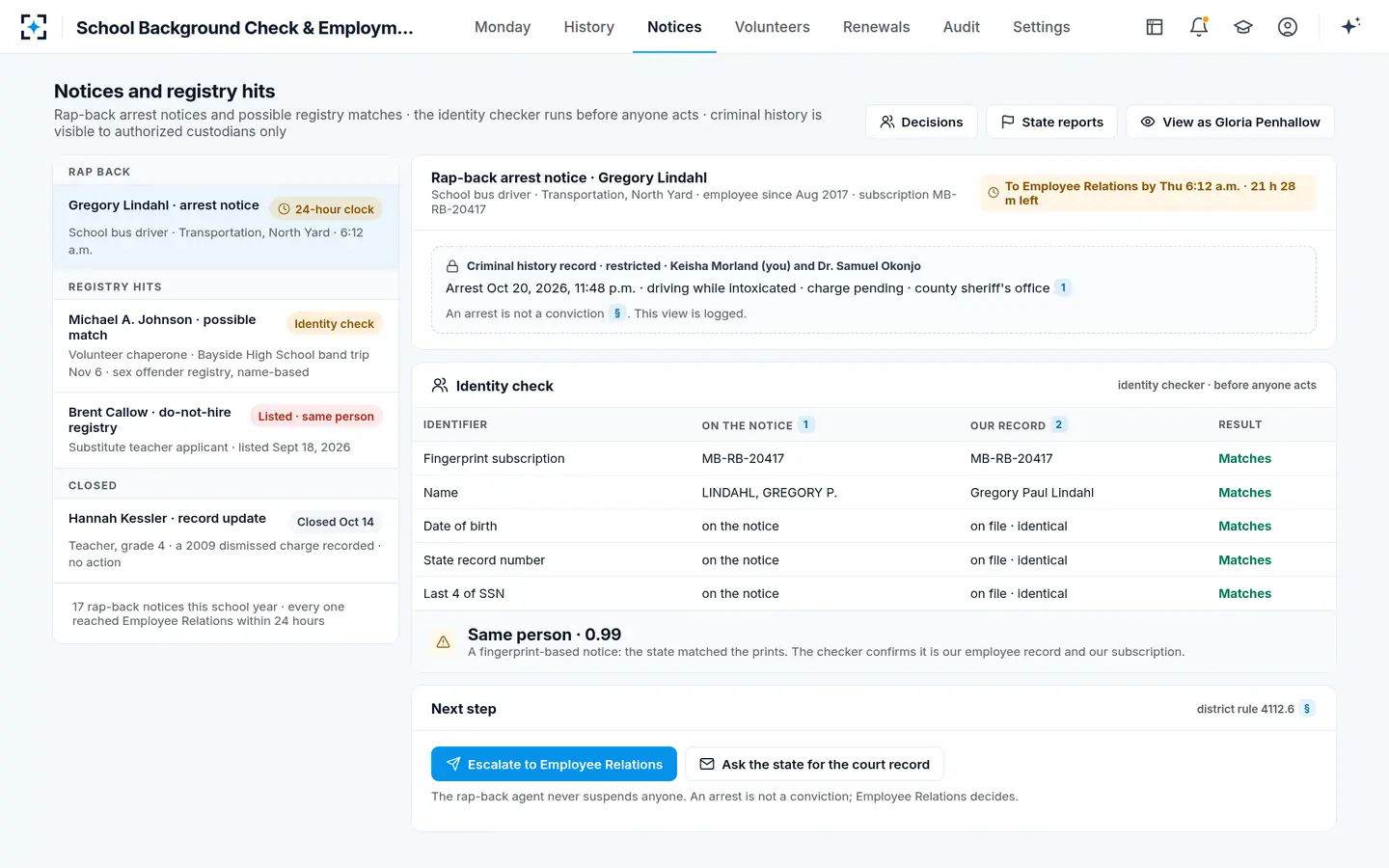School Background Check & Employment History Review — A rap back program notice, identity checked before anyone acts