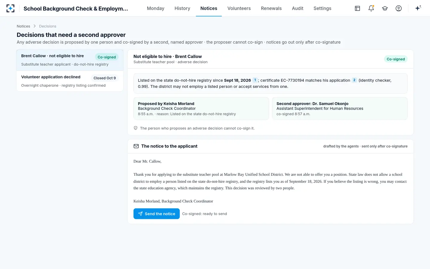 School Background Check & Employment History Review — A do-not-hire registry match, with a second named approver