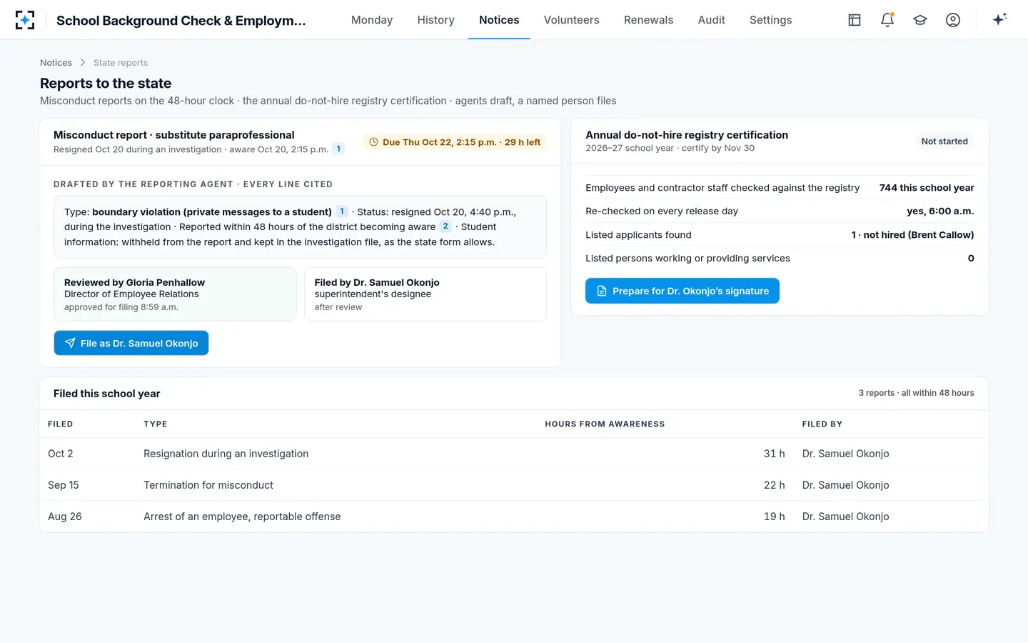 School Background Check & Employment History Review — A misconduct report on the 48-hour clock, and the annual registry certification