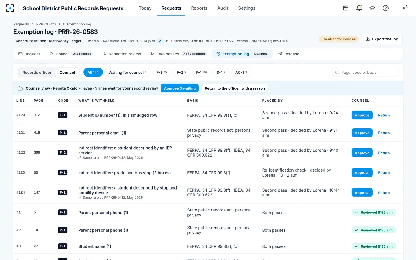 School District Public Records Requests — Counsel reviews every line of the exemption log