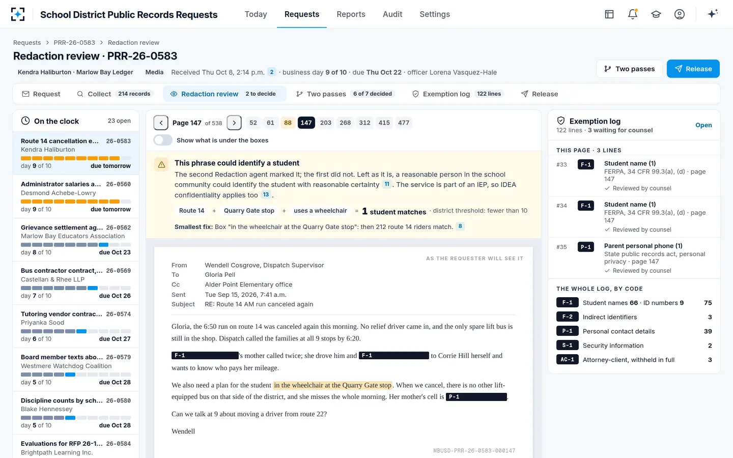 School District Public Records Requests — FERPA redaction, the state clock and the exemption log on one screen