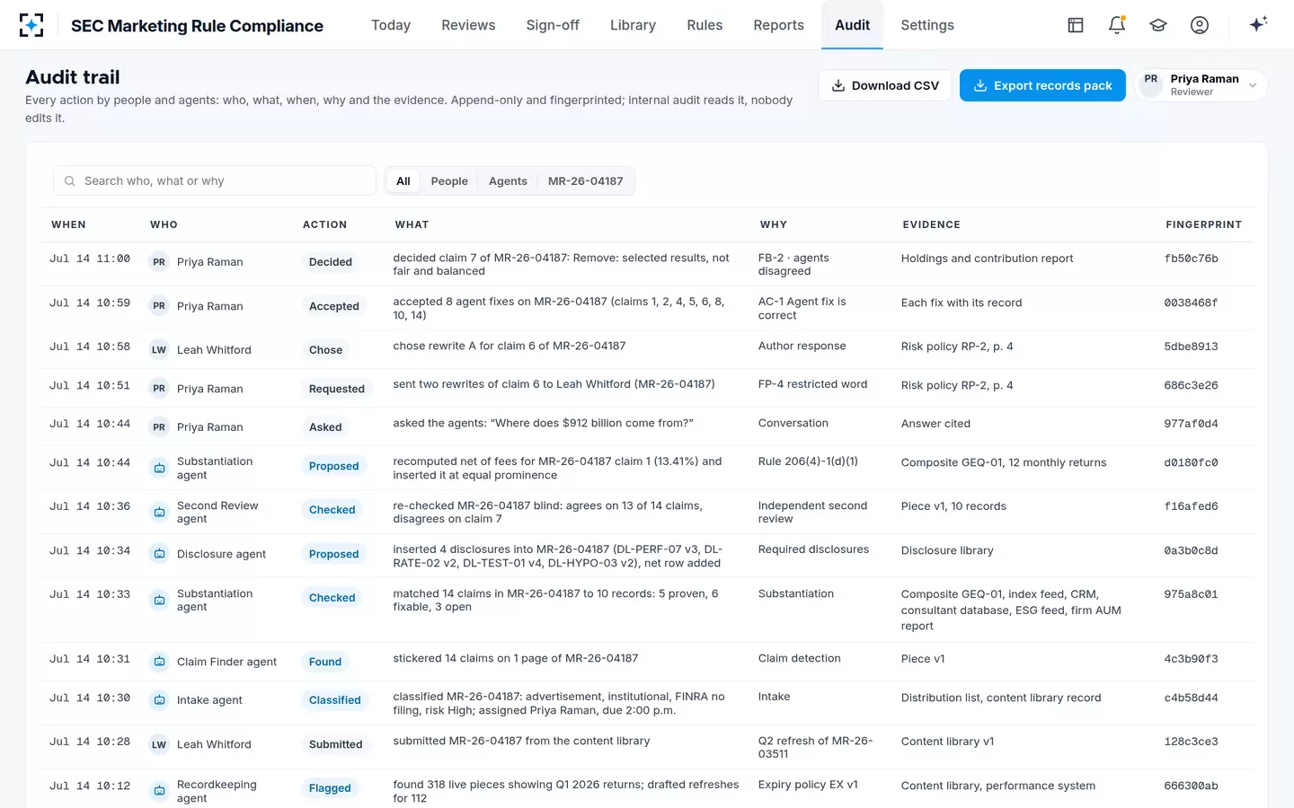 SEC Marketing Rule Compliance — Audit trail