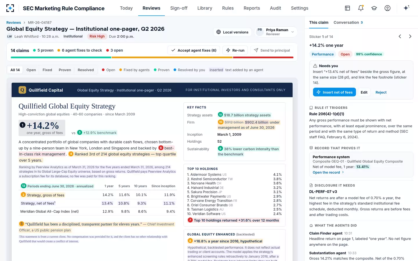 SEC Marketing Rule Compliance — The claim-sticker proof sheet