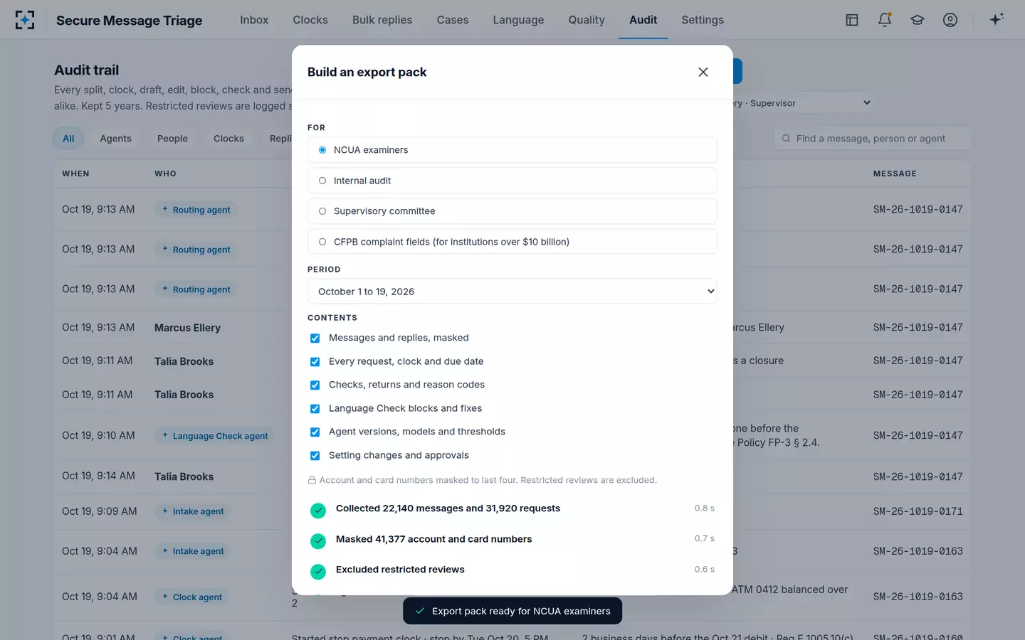 Secure Message Triage — Every split, clock, edit and approval on the record, exported for examiners