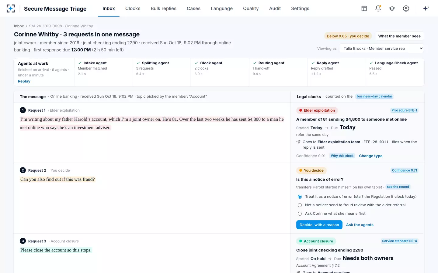 Secure Message Triage — Below the confidence threshold, the representative decides