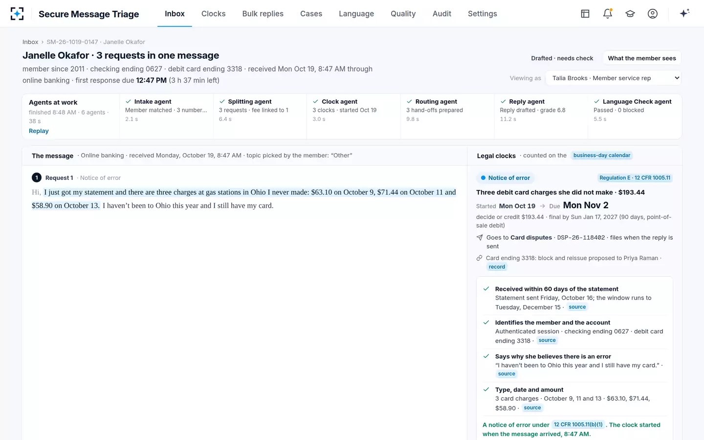 Secure Message Triage — Is it legally a Regulation E notice of error? Every element, with its sentence