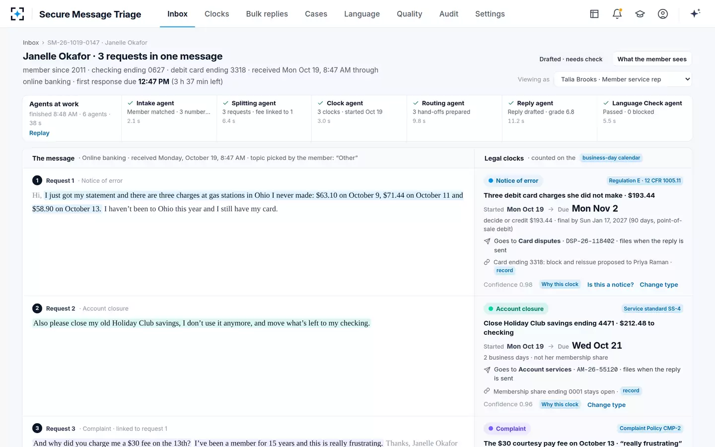 Secure Message Triage — One secure message, split into its requests, each on its own legal clock