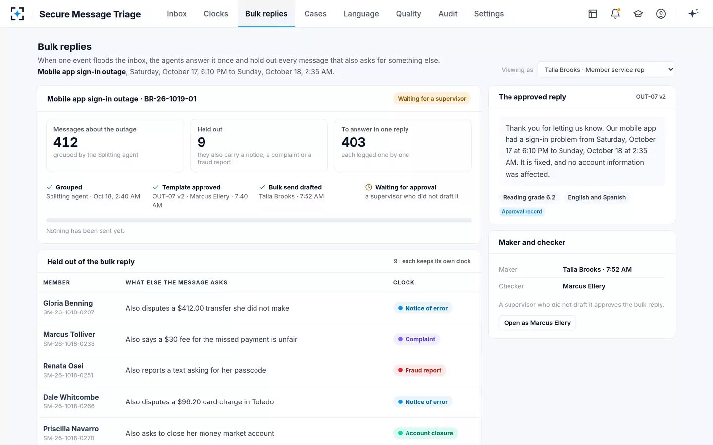 Secure Message Triage — One approved reply for an outage flood, without burying a legal notice