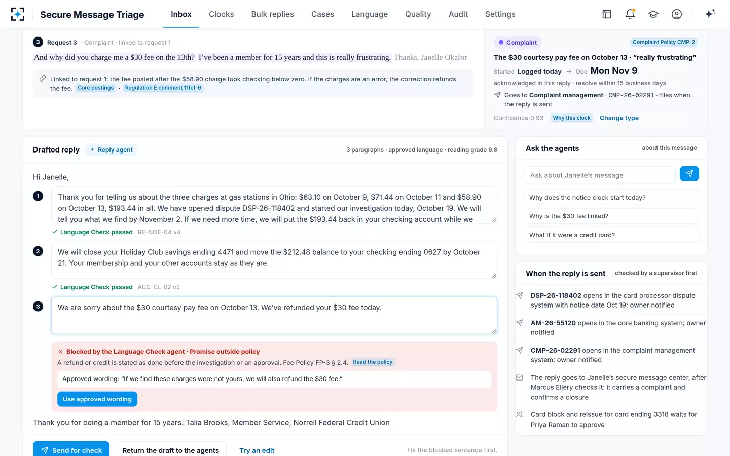 Secure Message Triage — A refund promise outside policy, blocked before it can be sent