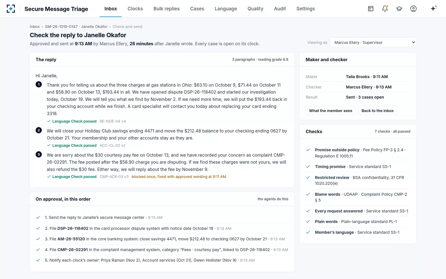 Secure Message Triage — A supervisor who did not draft it checks the reply and sends it