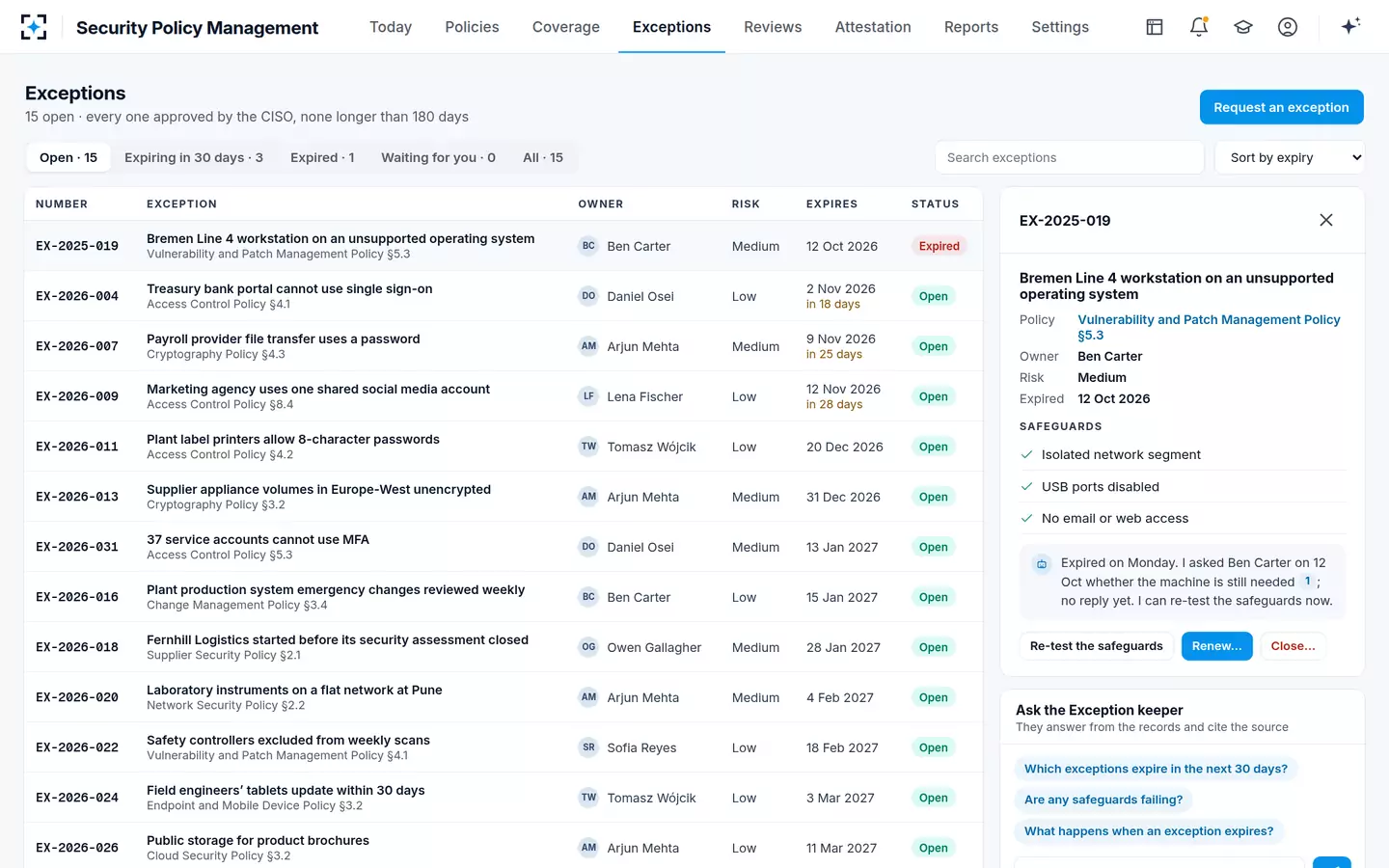 Security Policy Management — Exceptions register