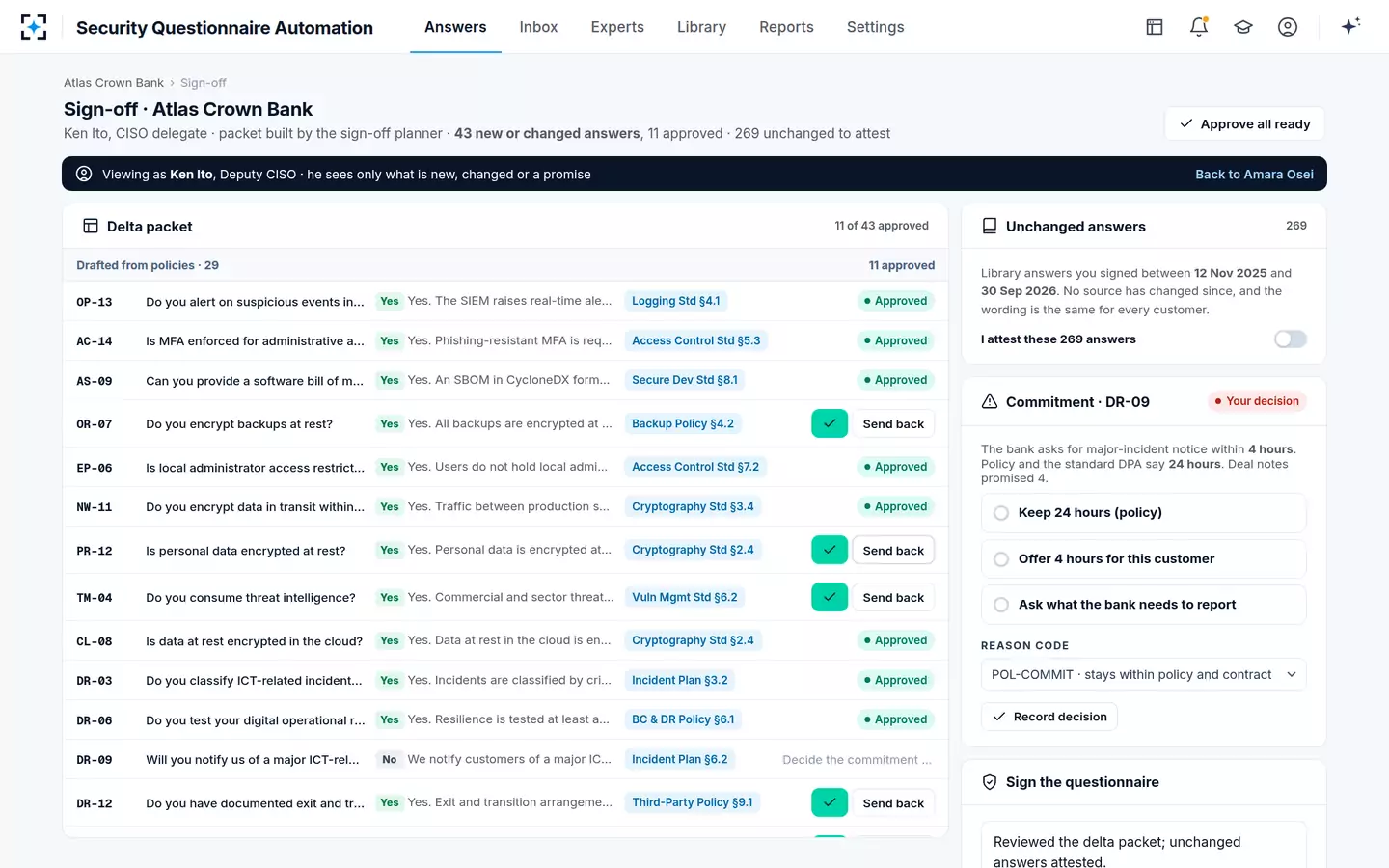 Security Questionnaire Automation — The delta sign-off packet