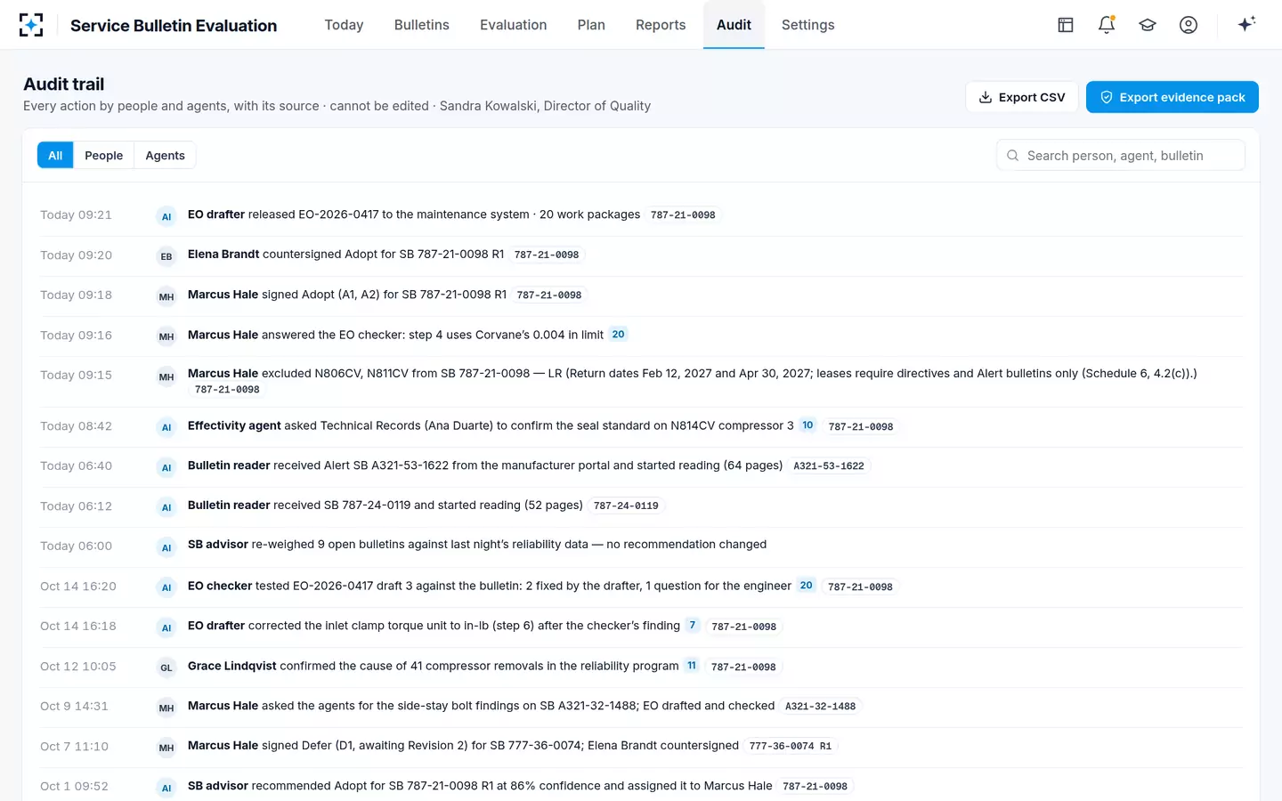 Service Bulletin Evaluation — Audit trail