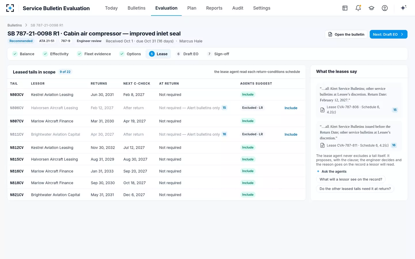 Service Bulletin Evaluation — Leases and redelivery