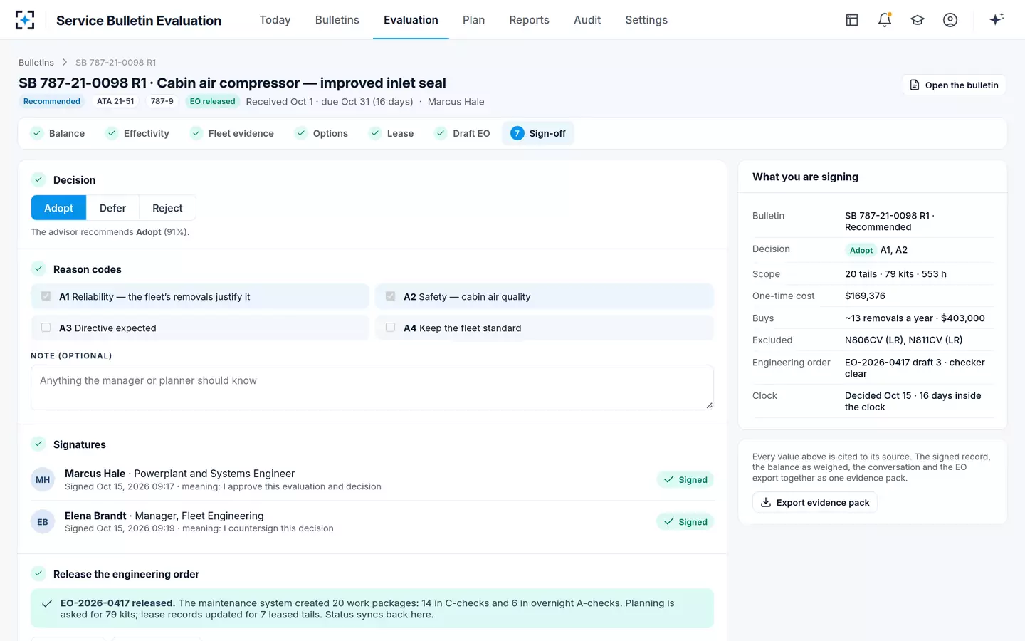 Service Bulletin Evaluation — Sign-off and release