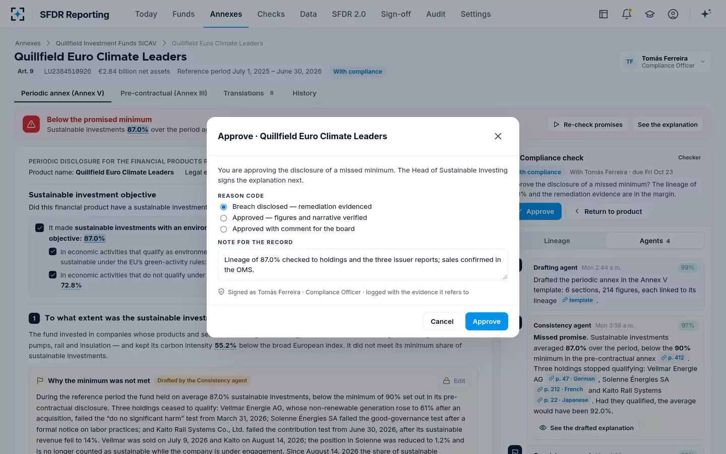 SFDR Reporting — Compliance approval with a reason code