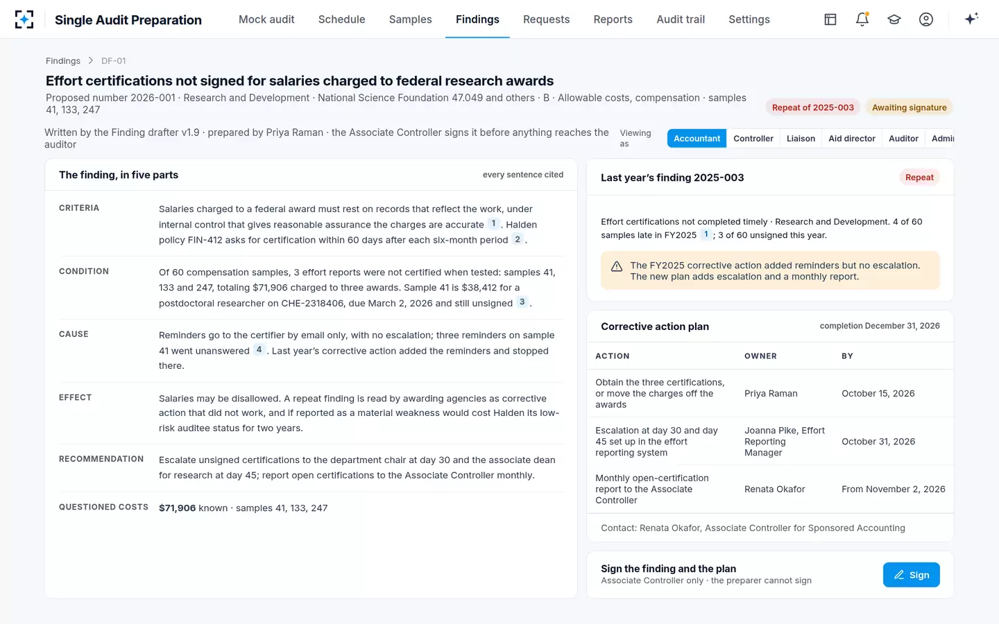 Single Audit Preparation — The finding and its single audit corrective action plan