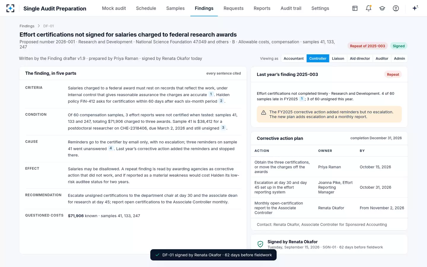Single Audit Preparation — Signed two months before the auditors arrive