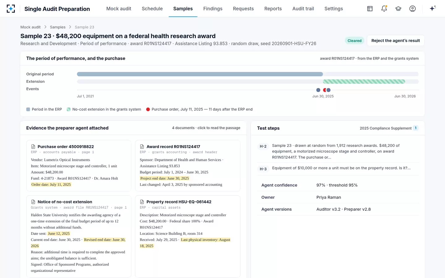 Single Audit Preparation — The award period, the extension and the purchase on one line